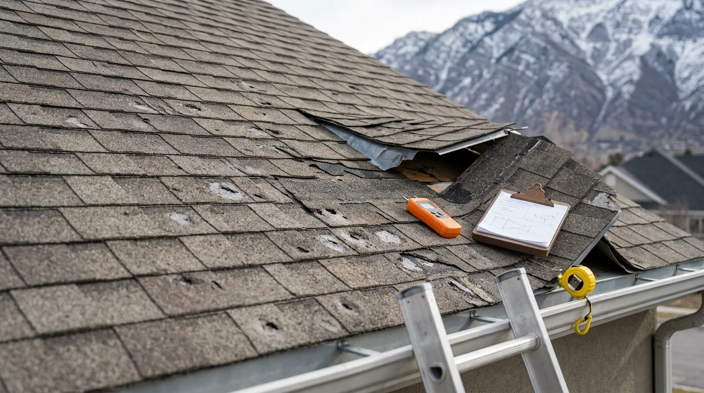 A completed storm damage roof replacement on a residential home along the Wasatch Front, showing new shingles installed over a repaired roof deck after hail and wind damage. Snow-capped Wasatch Range mountains are visible in the background.