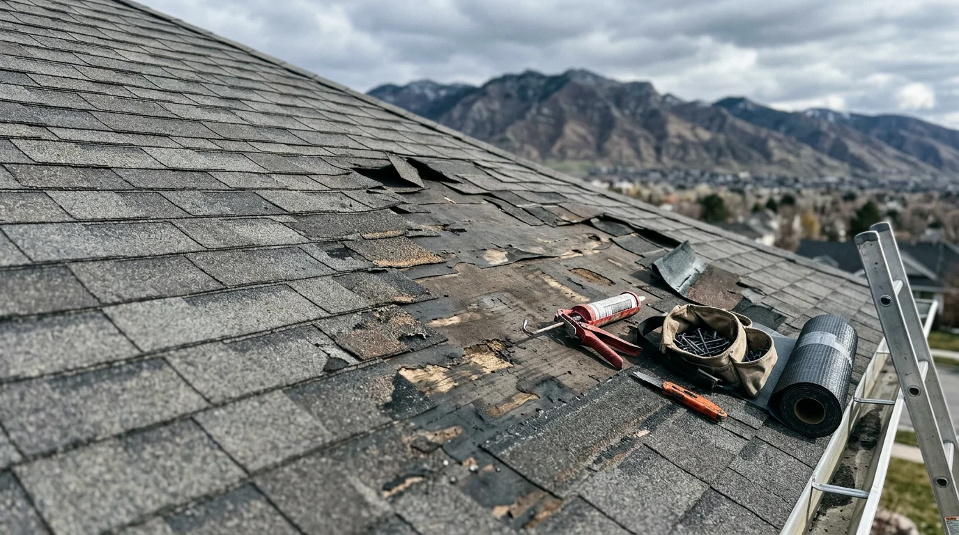 A residential roof on the Wasatch Front showing hail impact marks and lifted shingles along the ridge after a summer storm. A roofing contractor inspects the damage from the roof surface in a Utah neighborhood.