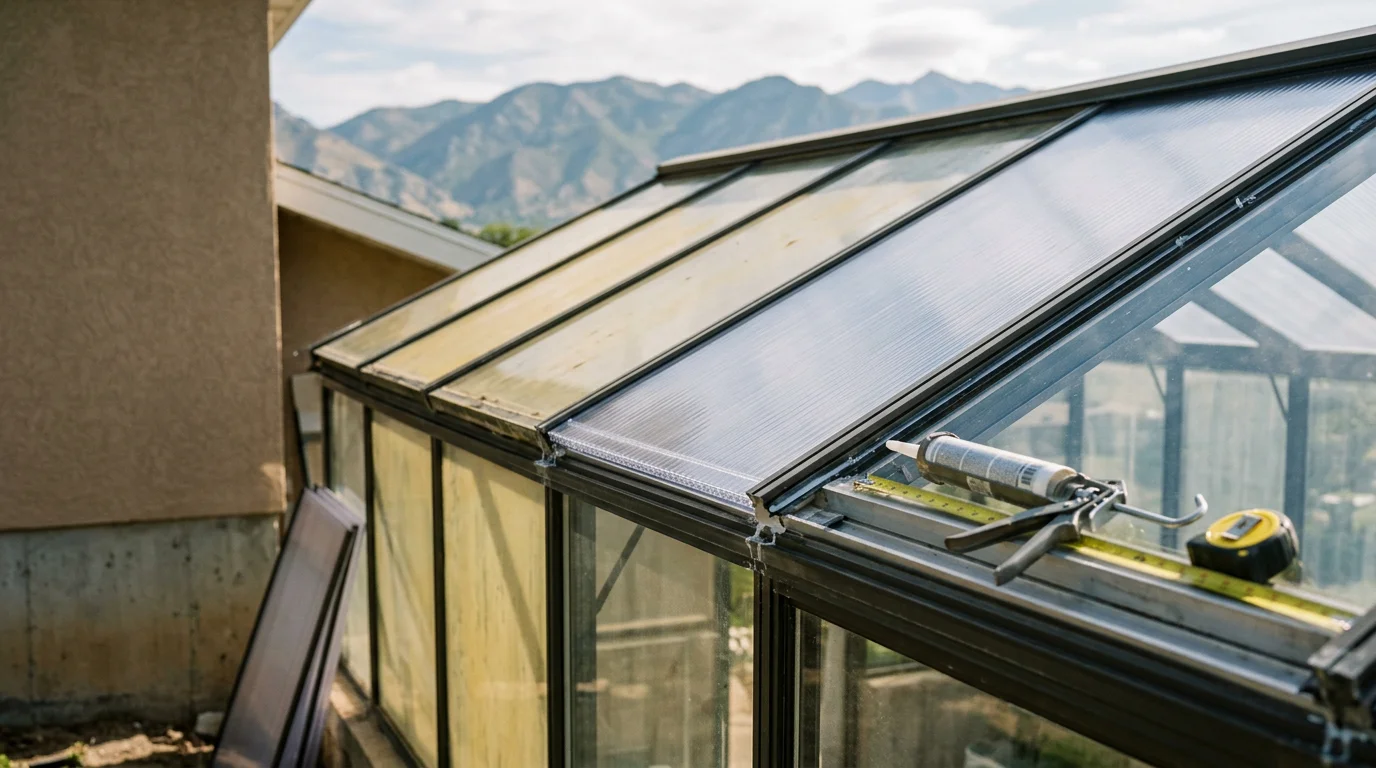 A sunroom on a Wasatch Front home with newly installed roof panels, showing clean panel seams and a clear view of the surrounding mountain landscape. The replacement panels sit flush against the existing aluminum frame with no visible gaps or discoloration.