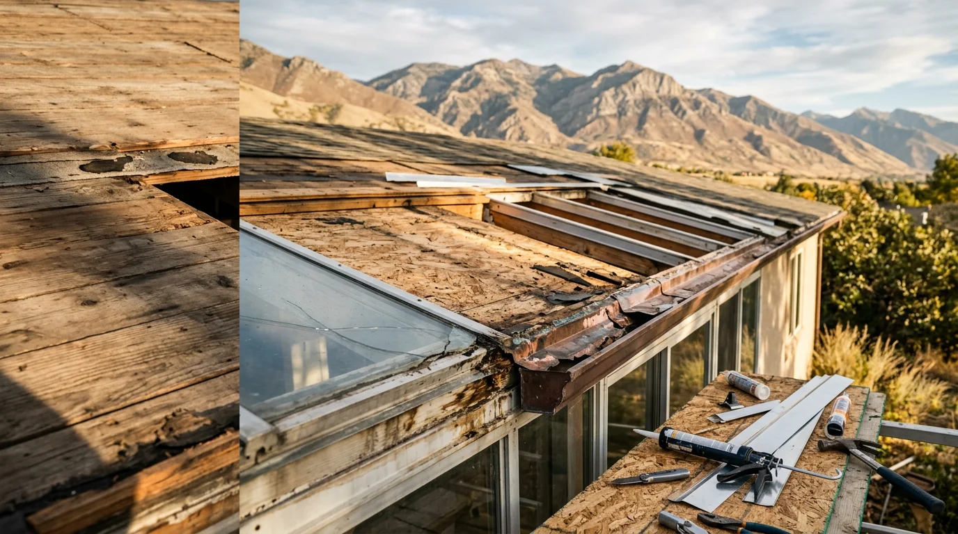 A repaired sunroom roof on a residential home along the Wasatch Front, showing sealed flashing and intact roofing panels where the sunroom meets the main structure. Clear skies above the Utah mountain backdrop highlight the finished repair work.