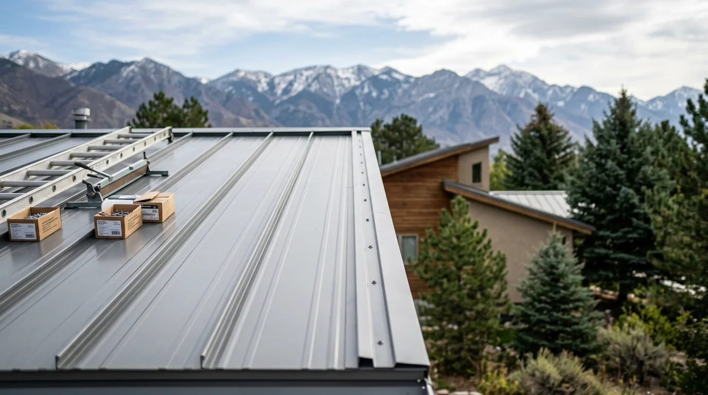 A completed tin roof installation on a residential home along the Wasatch Front, with snow-ready metal panels reflecting Utah's high-elevation sunlight. The clean panel lines and finished ridge cap show a professional installation ready for mountain weather.