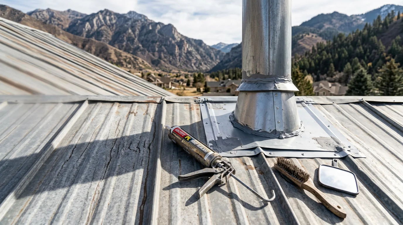 A repaired tin roof on a residential home along the Wasatch Front, showing sealed metal seams and restored flashing around a chimney. Snow-capped mountains are visible in the background, reflecting the region's heavy winter weather conditions.