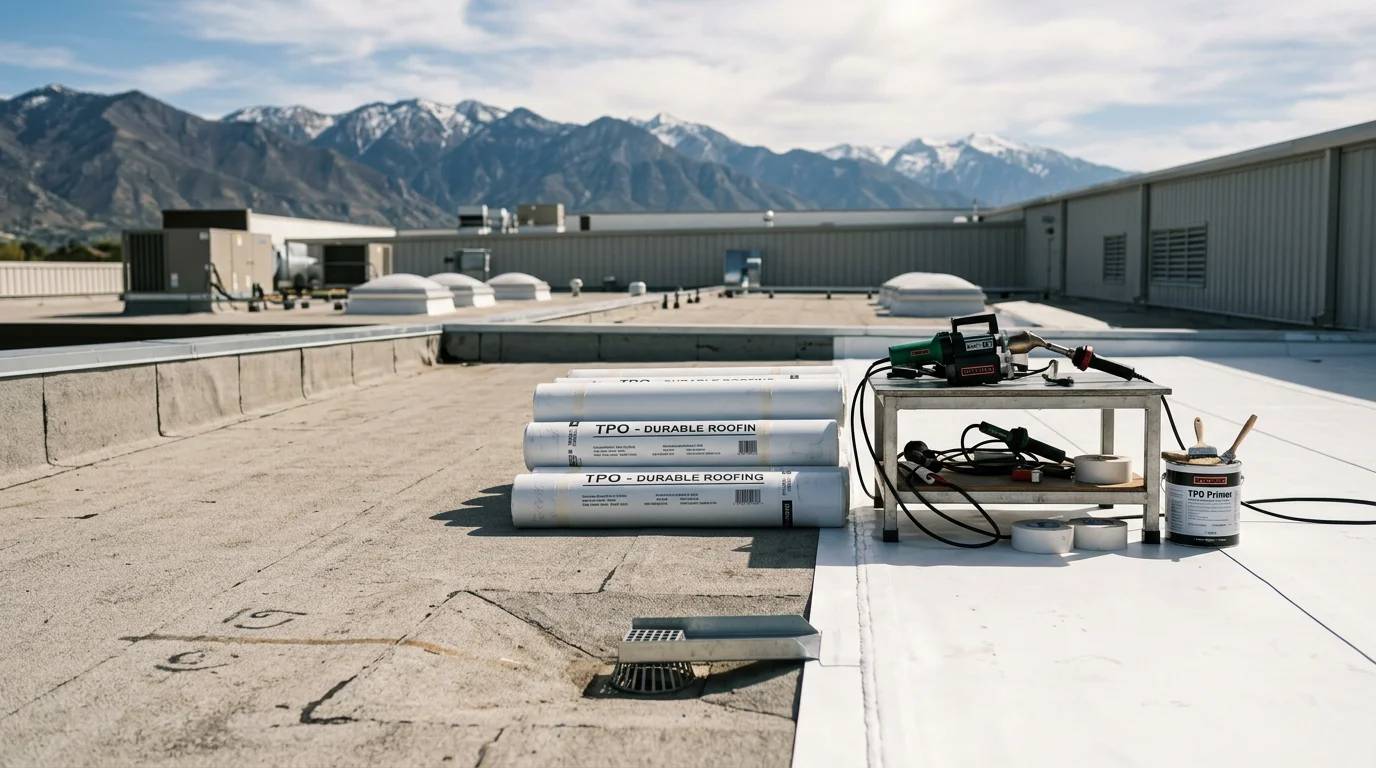 A completed TPO commercial roofing installation on a flat-roof building along the Wasatch Front, showing a bright white reflective membrane with clean heat-welded seams and rooftop drainage points under a clear Utah sky.