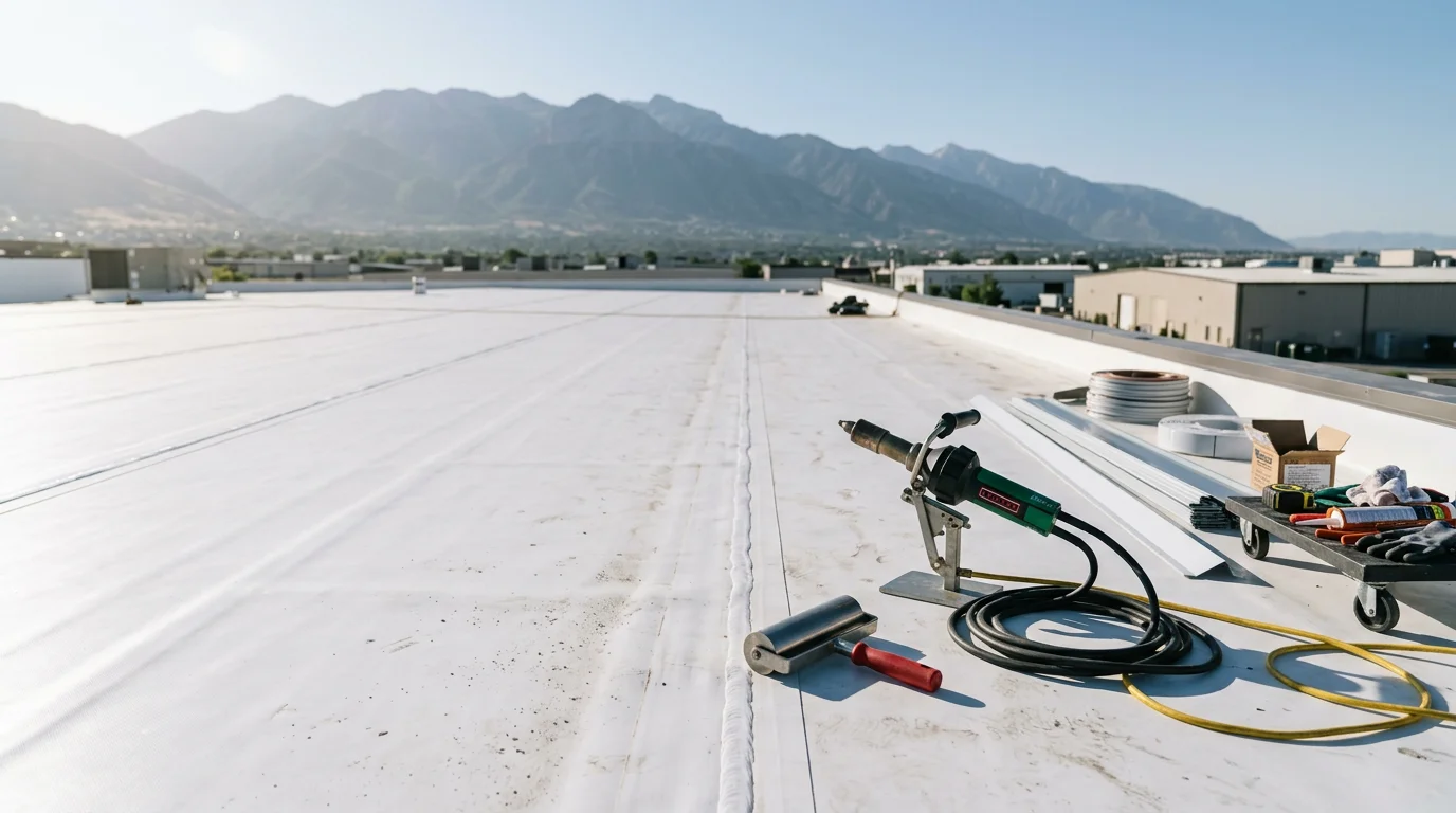 A completed TPO roll roofing installation on a flat residential roof along the Wasatch Front, showing white heat-welded membrane seams and flashed roof penetrations with the Wasatch Mountains visible in the background.
