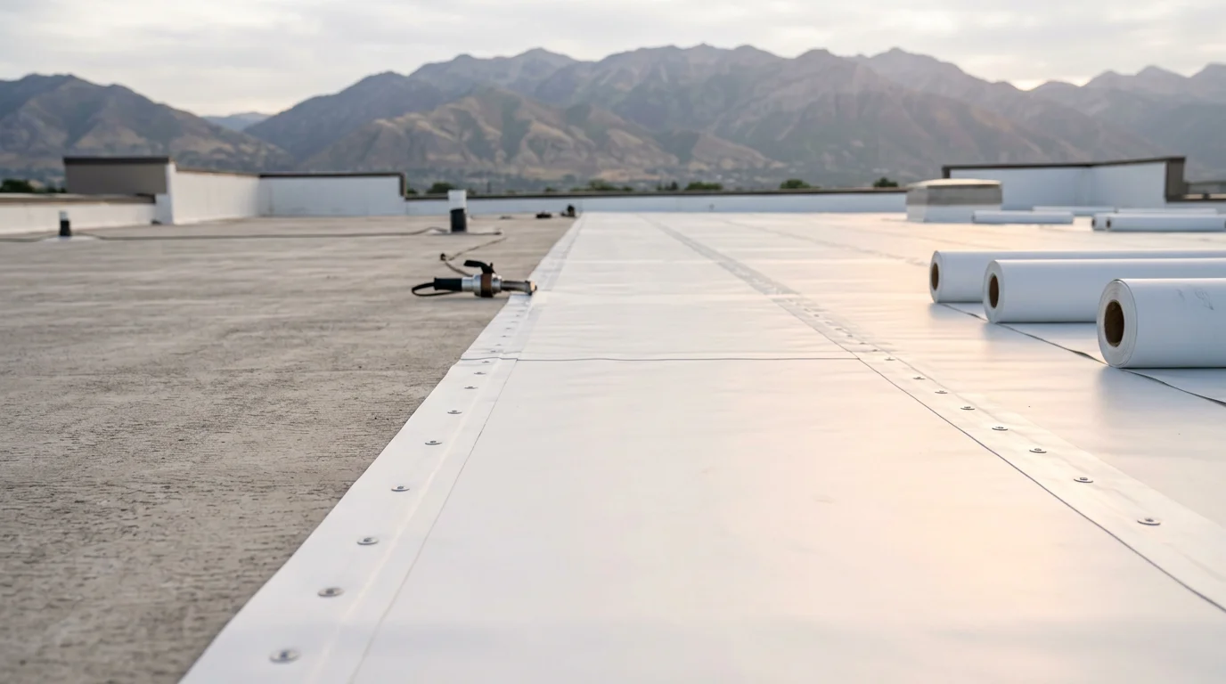 A flat residential roof with a bright white TPO membrane freshly installed on a home in the Wasatch Front, with the Wasatch Range visible in the background. The membrane surface is smooth and seamless across the low-slope roof deck.