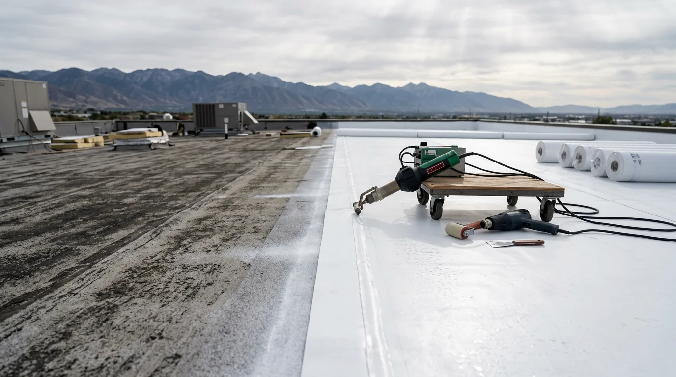 A flat commercial roof on the Wasatch Front freshly coated with white TPO membrane, reflecting bright Utah sunlight. The seamless surface shows clean seam lines with mountain terrain visible in the background.