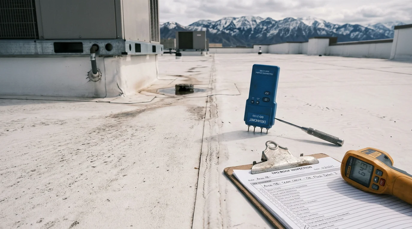 A roofing contractor inspecting a white TPO membrane roof on a flat-roof commercial building along the Wasatch Front, checking seams and flashing details with mountain terrain visible in the background.