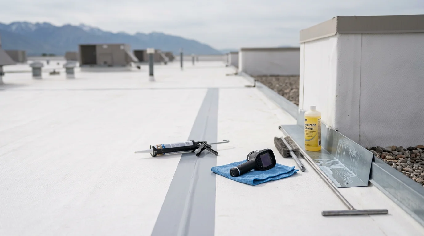 A white TPO roofing membrane on a flat commercial building along the Wasatch Front, showing a technician inspecting heat-welded seams and roof drains. Mountain terrain is visible in the background under a clear Utah sky.