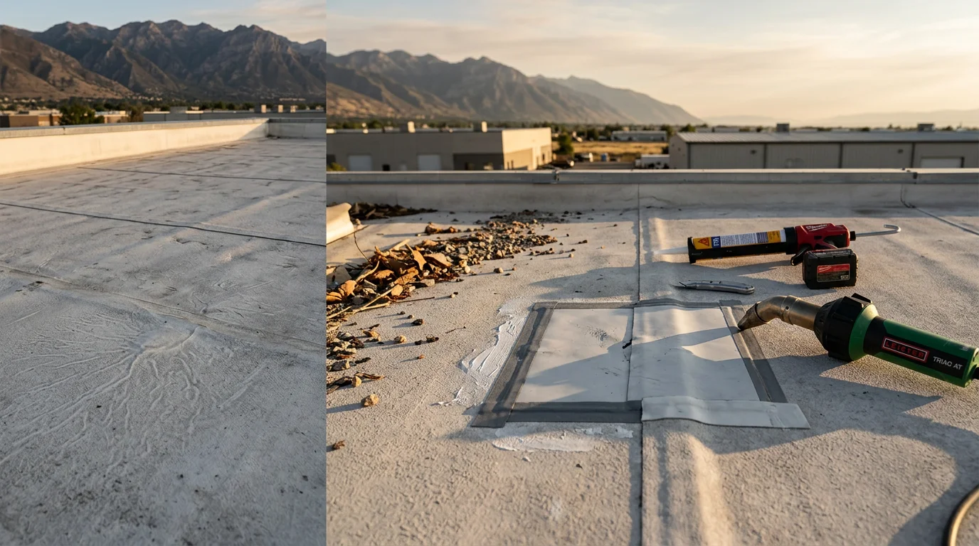A TPO roofing membrane on a flat residential roof in the Wasatch Front area showing a freshly heat-welded patch over a repaired seam. Snow-capped Wasatch Range mountains are visible in the background.