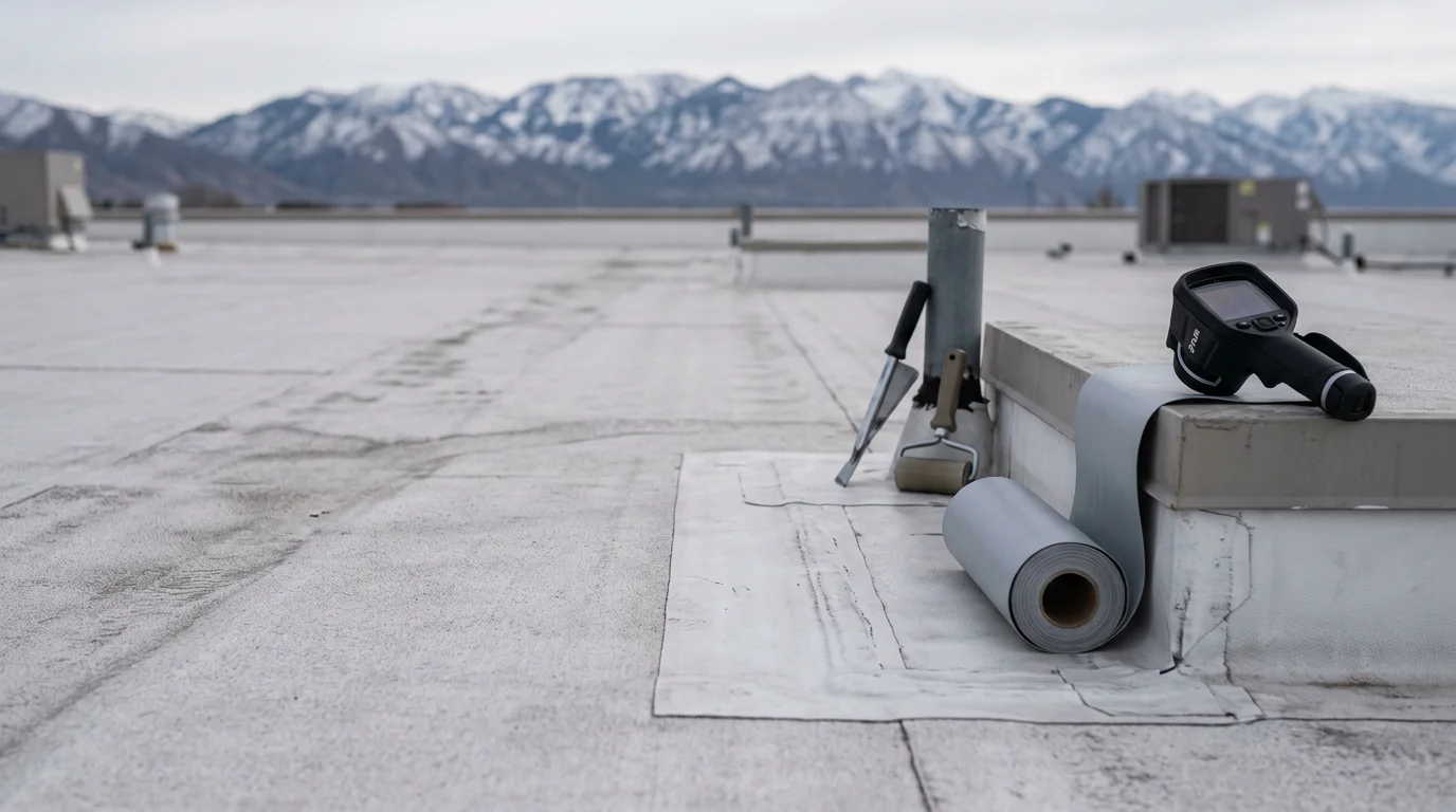 A white TPO membrane roof on a flat commercial building along the Wasatch Front, showing a completed seam repair and cleared roof drain with the Wasatch Mountains visible in the background.