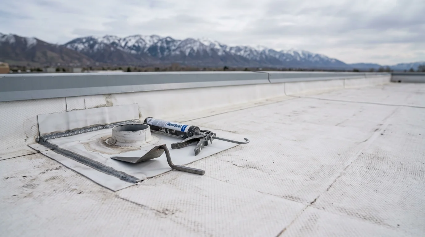A repaired TPO membrane on a flat commercial roof along the Wasatch Front, showing heat-welded seams and flashing around a rooftop vent with the Wasatch Mountains visible in the background. Close-up view highlights the smooth white membrane surface after a completed TPO roof repair.