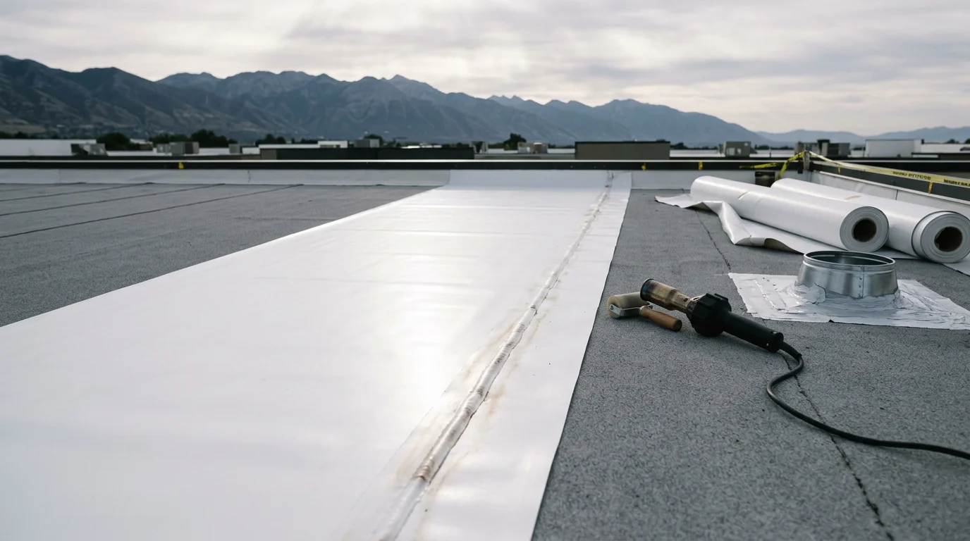 A completed TPO roof replacement on a flat residential roof along the Wasatch Front, showing a clean white membrane with heat-welded seams and properly flashed edges against a backdrop of Utah mountains.