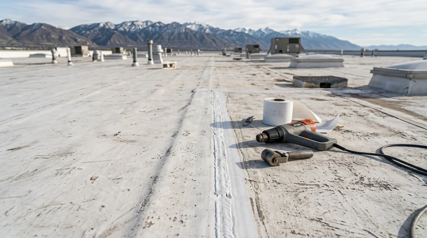 A restored white TPO membrane on a flat commercial roof in the Wasatch Front, showing clean heat-welded seams and properly sealed roof drains. Utah mountain terrain is visible in the background.