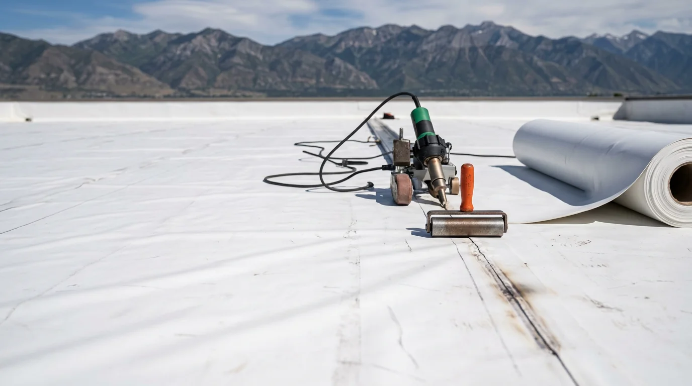 A completed TPO roofing installation on a flat commercial building along the Wasatch Front, showing a bright white reflective membrane with clean heat-welded seams and properly flashed roof penetrations against a backdrop of Utah mountains.