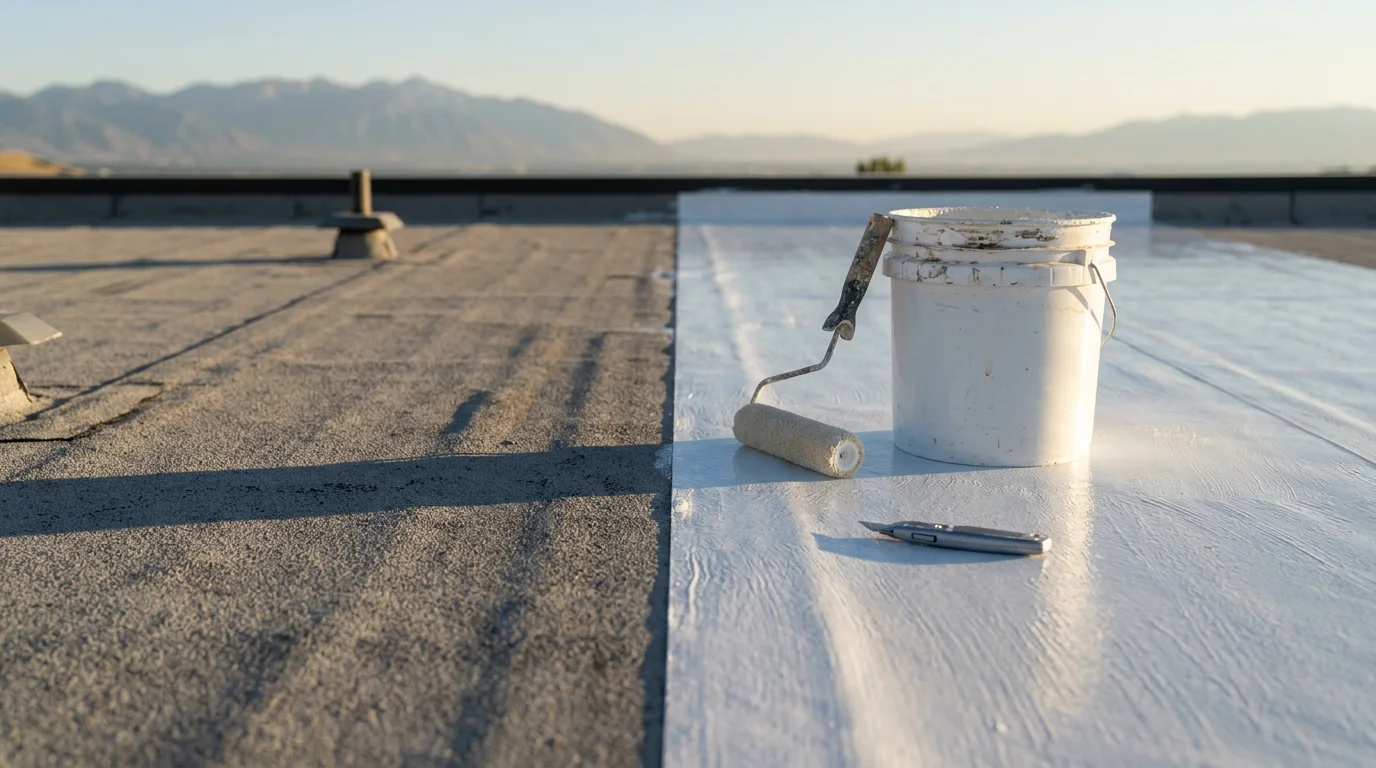 A bright white TPO rubber roof coating applied to a flat commercial rooftop with mountain ridgeline visible in the background, typical of Wasatch Front properties in northern Utah. Close-up shows a smooth, seamless coated membrane surface with no visible cracking or ponding.