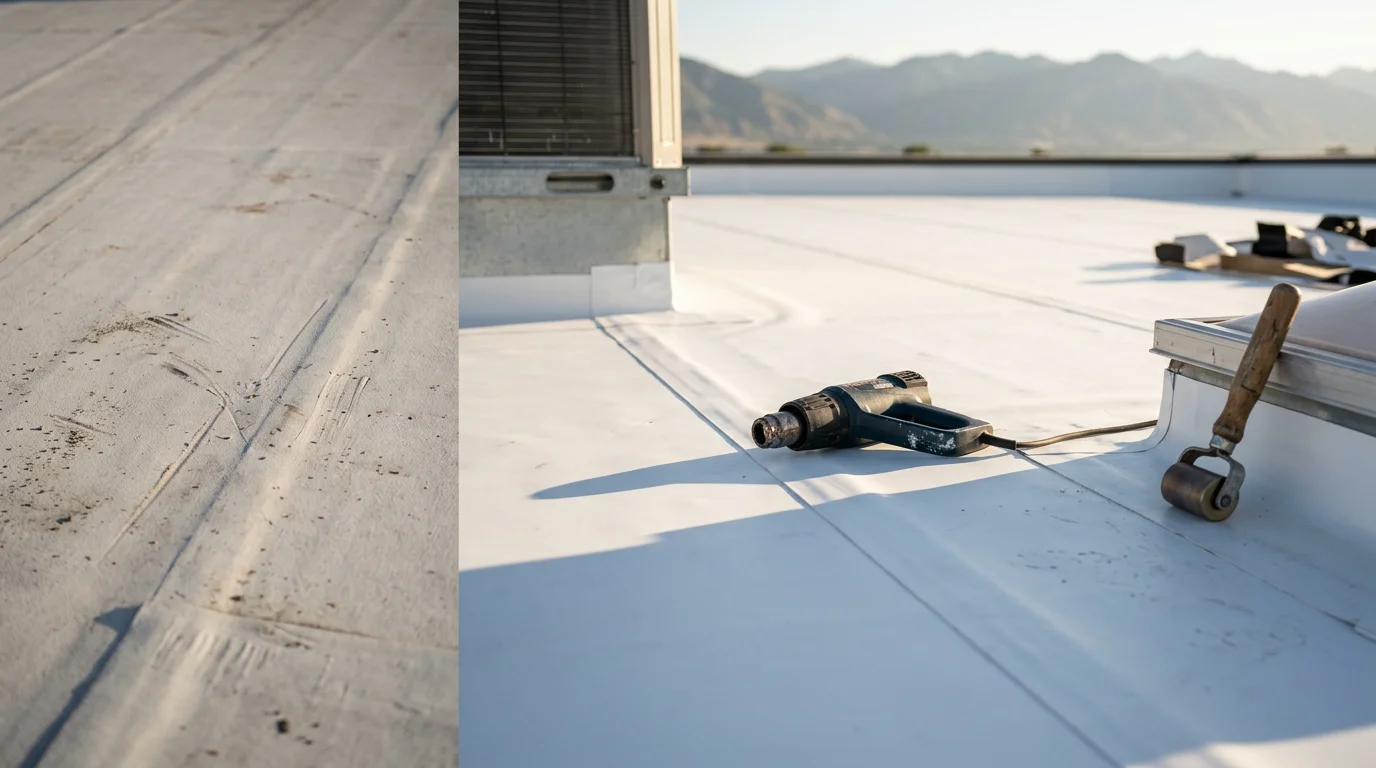 White EPDM rubber roofing membrane fully installed on a flat residential roof along the Wasatch Front, with sealed seams and clean flashing details visible against a backdrop of Utah mountains.