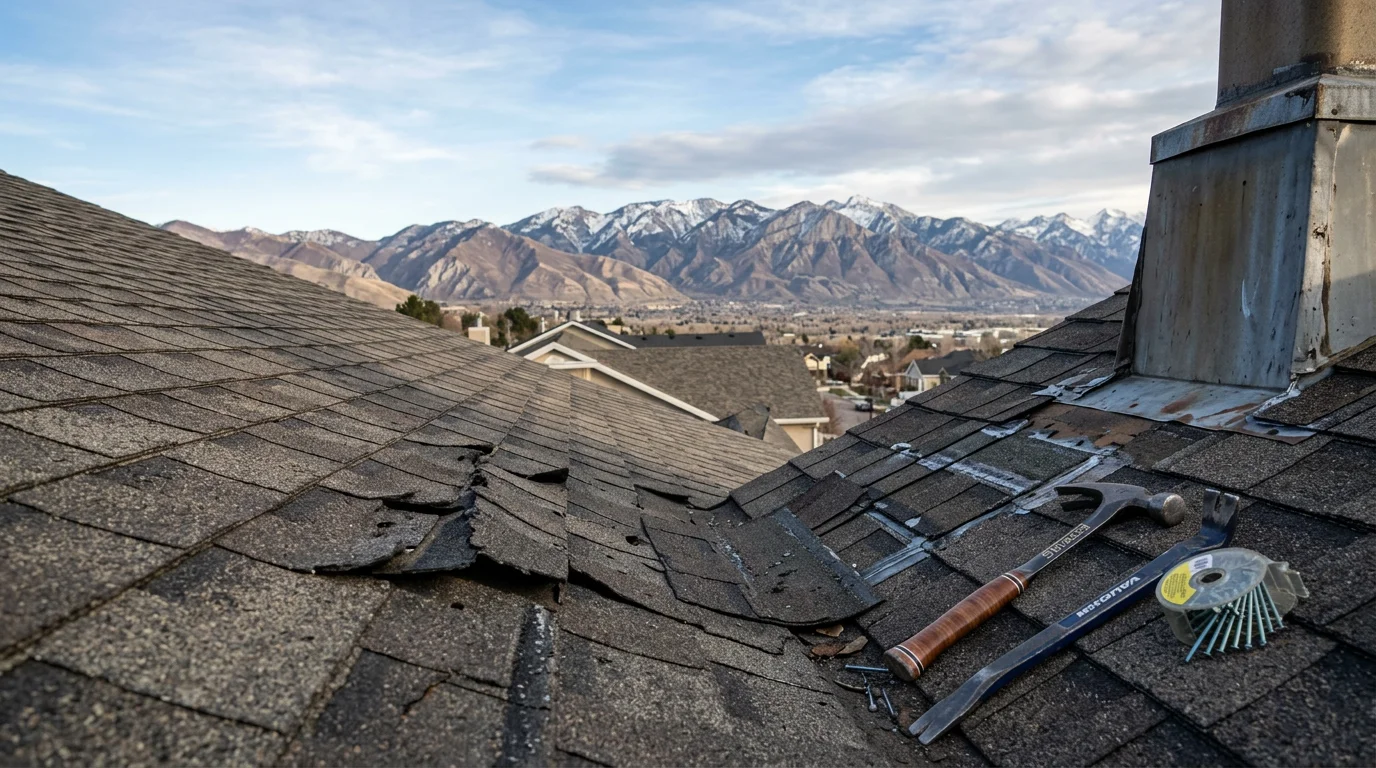 A residential roof on the Wasatch Front showing lifted ridge cap shingles and separated flashing near a chimney after a high-wind event. A roofing contractor from Redline Roofing and Construction inspects the damage from the roof surface.