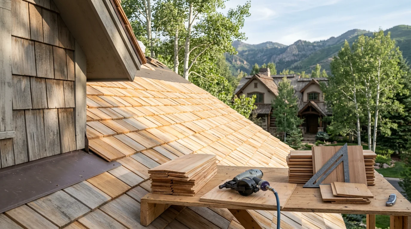 A freshly installed wood shingle roof on a residential home in the Wasatch Front area of Utah, showing uniform sawn shingles with natural wood grain against a mountain backdrop. Close detail of the shingle coursing and ridge line on a steep-pitch roof typical of homes in communities like Park City or Bountiful.